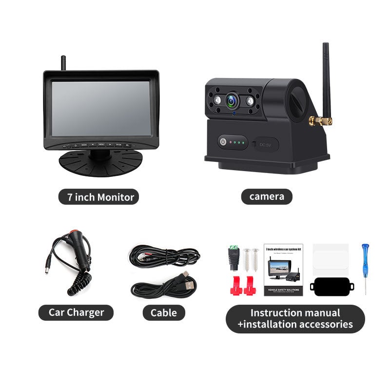Modelis M2-505+MB73 - magnetinė belaidė atbulinė automobilių kamera su 5 colių ekranu, 800x480 raiška, 24V maitinimas, 45° reguliuojamas kampas