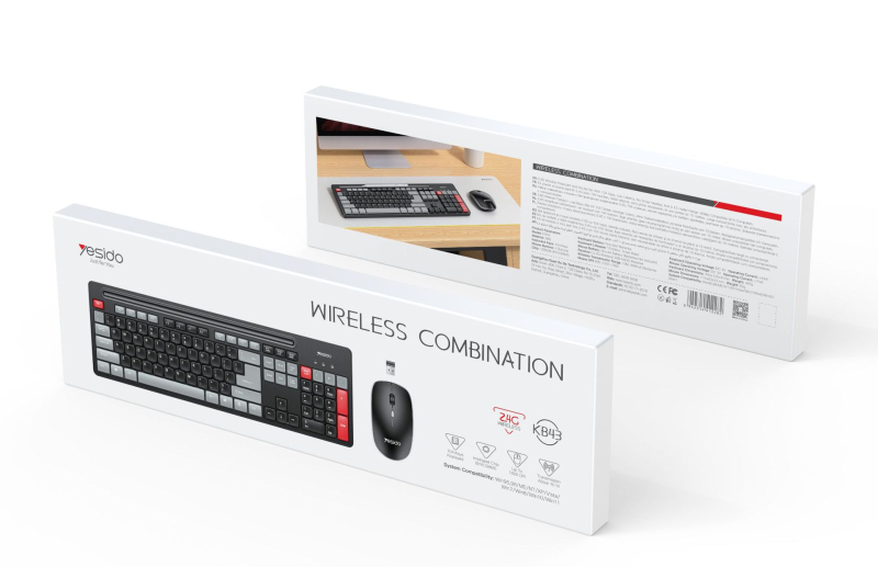 Yesido Kb43 Bežični set tipkovnice i miša — USB tipkovnica, 2.4G miš, DPI 800/1000/1600, ergonomski dizajn