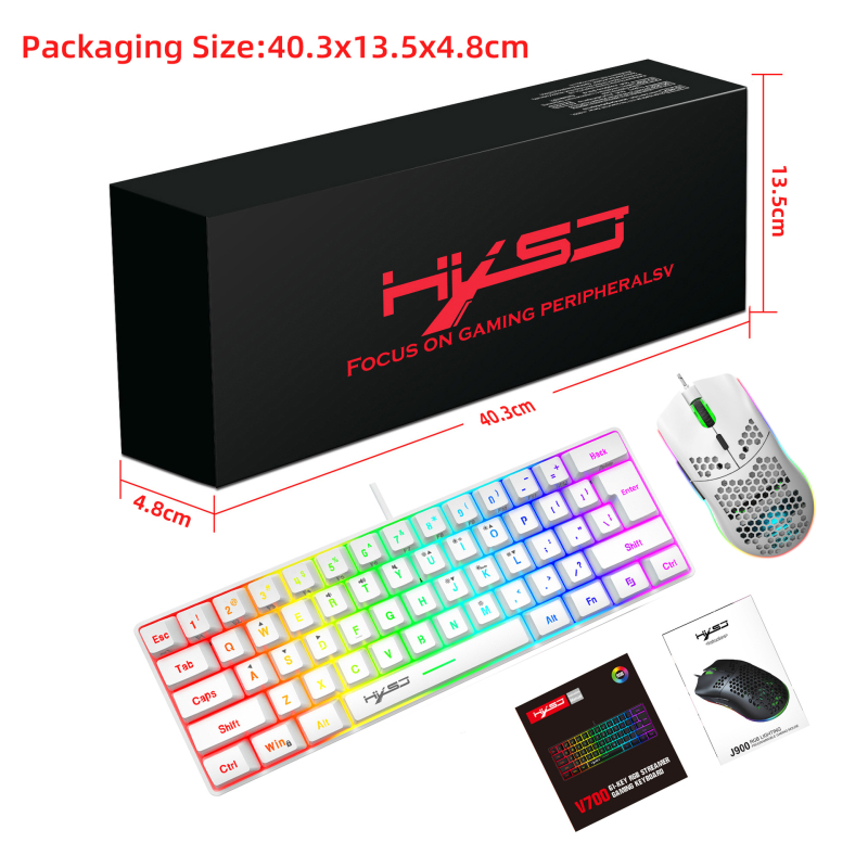 Gaming set tipkovnice i miša, 61 tipki, 60% raspored, žičana USB veza, RGB pozadinsko osvjetljenje, 6400 DPI optički senzor, model V700w+j900w