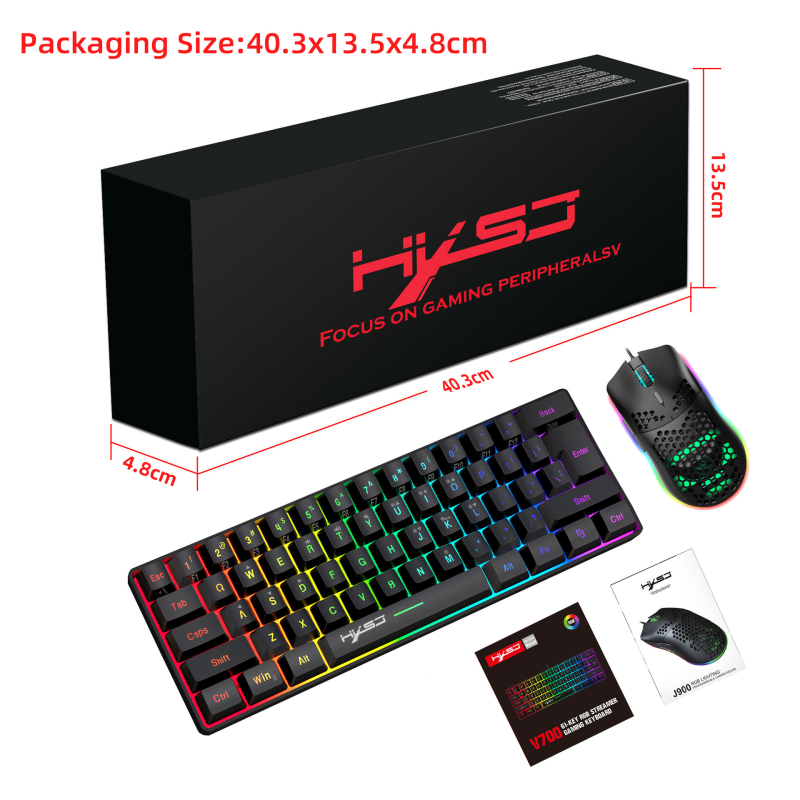Gaming set tipkovnice i miša, 61 tipki, 60% raspored, žičana USB veza, RGB pozadinsko osvjetljenje, 6400 DPI optički senzor, model V700w+j900w