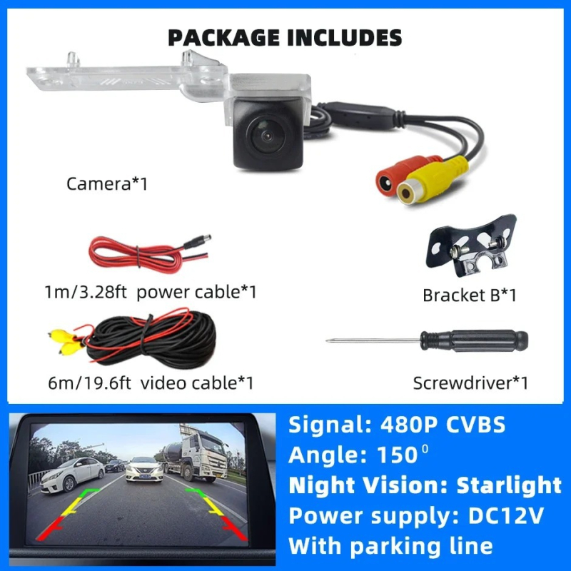 VW Jetta/Polo/Bora/Golf galinio vaizdo kameros laikiklis – Bracket20+sd30m; 12V Maitinimas; 150° kampas; CVBS/AHD vaizdo signalas