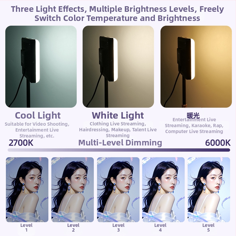 Lampă LED pentru live streaming, model 2316, trei temperaturi de culoare, putere sub 10W, 170-245V AC