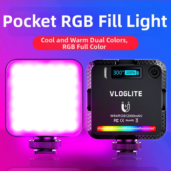 W64RGB Mini LED Dopĺňovacie svetlo pre portrét, živé vysielanie a fotografiu; 6W, 3.7V vstavaná batéria, prenášateľné