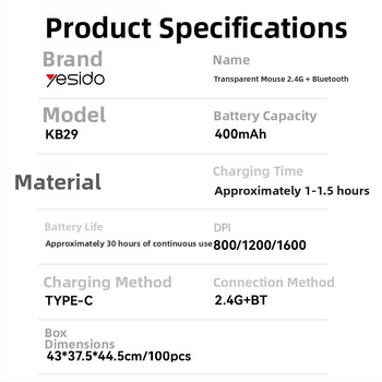 Yesido bezdrôtová myš, tichý chod, 2.4G + Bluetooth, 5 tlačidiel, ergonická, kompatibilná s notebookmi a stolnými počítačmi, model KB29