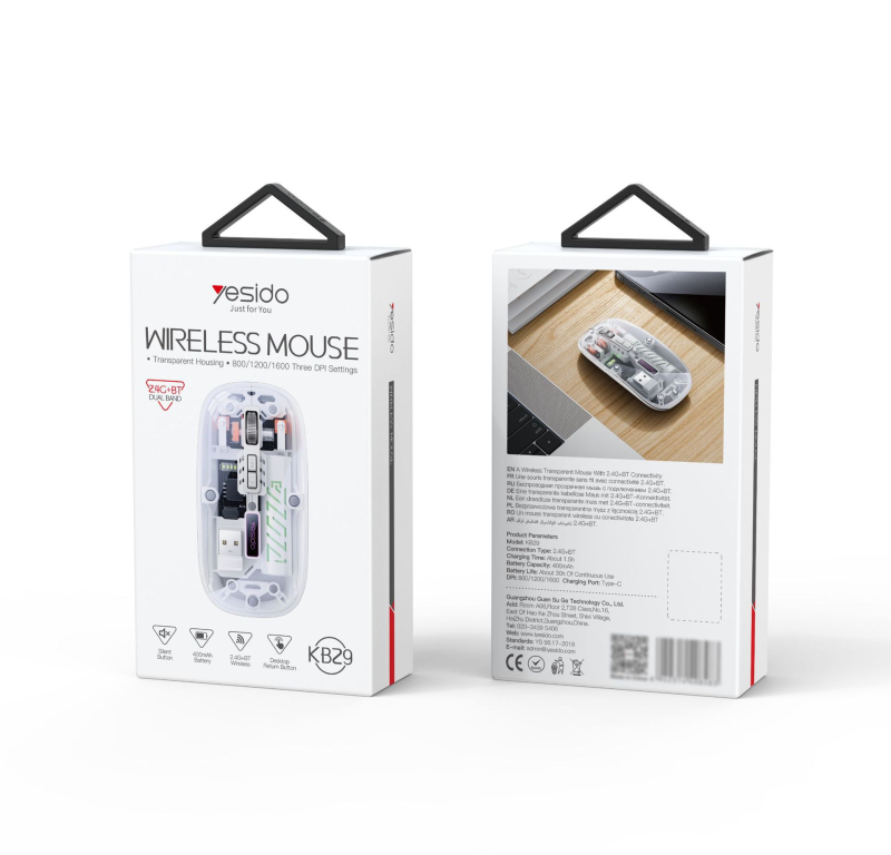 Yesido Ασύρματο Ποντίκι με Αθόρυβη Λειτουργία, 2.4G + Bluetooth, 5 πλήκτρα, εργονομικό, συμβατό με φορητούς και επιτραπέζιους υπολογιστές, μοντέλο KB29