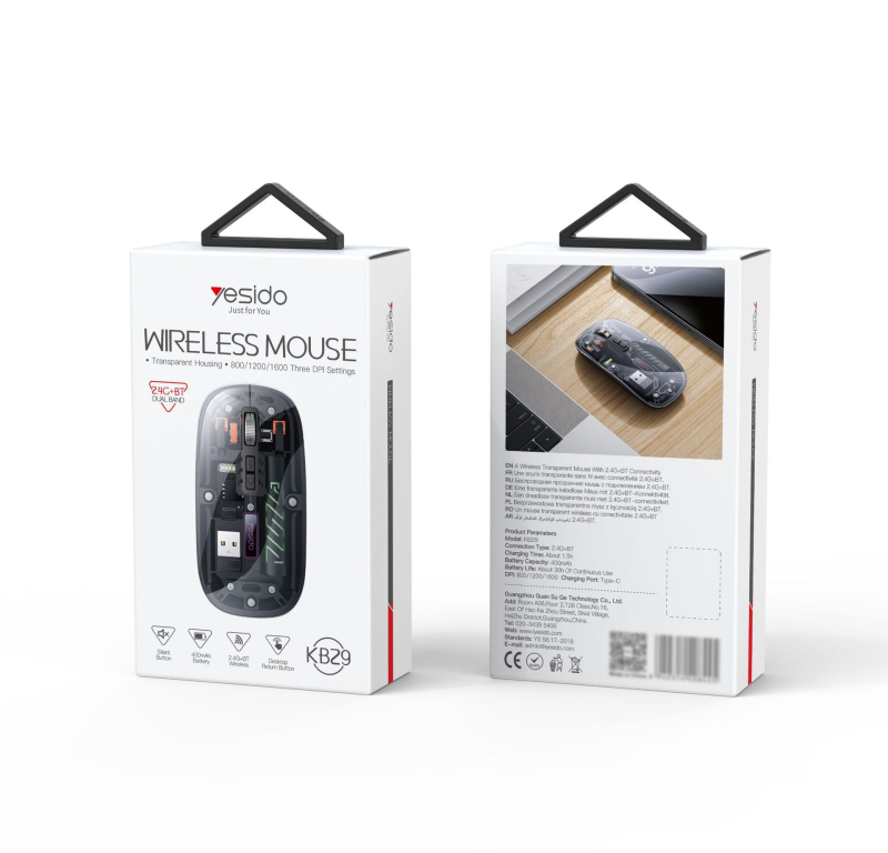Yesido Ασύρματο Ποντίκι με Αθόρυβη Λειτουργία, 2.4G + Bluetooth, 5 πλήκτρα, εργονομικό, συμβατό με φορητούς και επιτραπέζιους υπολογιστές, μοντέλο KB29