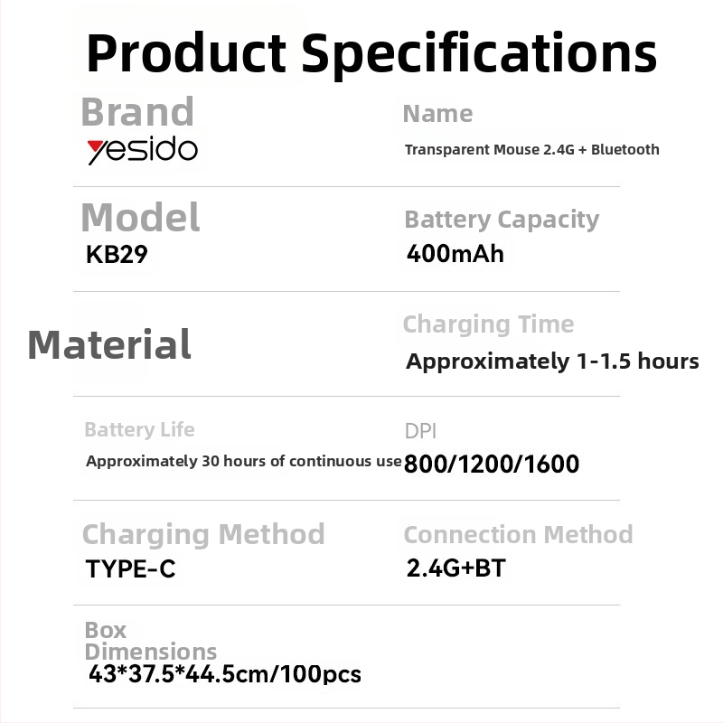 Yesido bezdrôtová myš, tichý chod, 2.4G + Bluetooth, 5 tlačidiel, ergonická, kompatibilná s notebookmi a stolnými počítačmi, model KB29