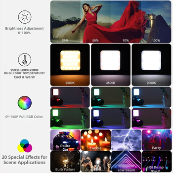 T64RGB Mini RGB LED Svetlo na Selfie pre Mobilný Telefón — 4.2W, 3.7V, Vstavaná Batéria, Teplota Farby 2500K–9900K