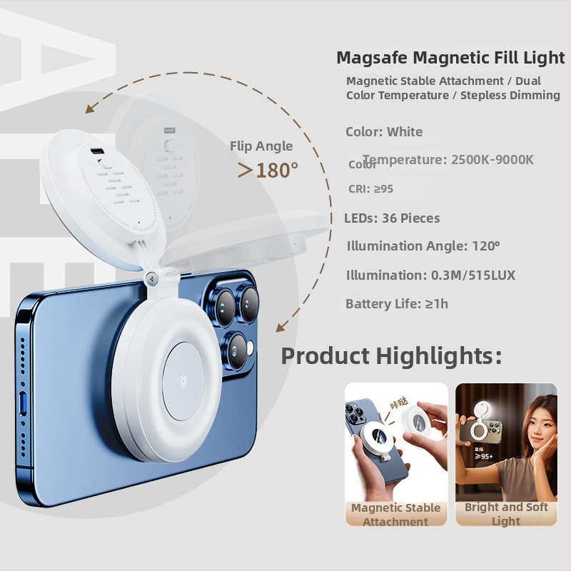 Magnetické vreckové LED svetlo na doplnenie – Prenosné, skladacie pre selfie na telefóne, vonkajšie fotografovanie, 3 režimy osvetlenia, 5V