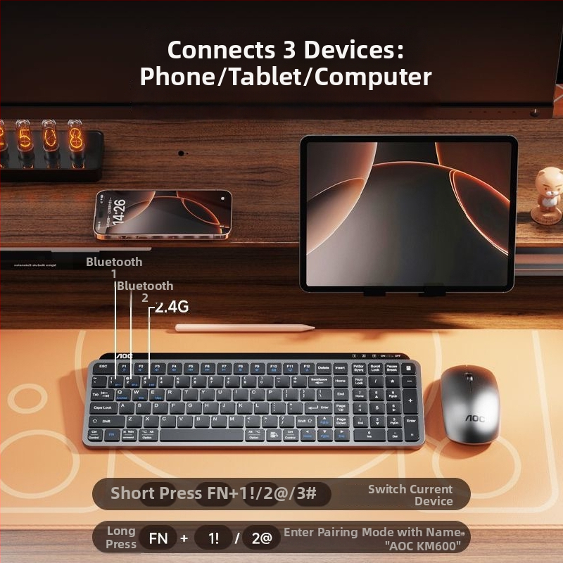 AOC sada klávesnice a myši s dvojmódovým bezdrôtovým pripojením, klávesnica s nožnicovým prepínačom, Bluetooth 5.0 a 2.4G, myš USB, 1200 DPI