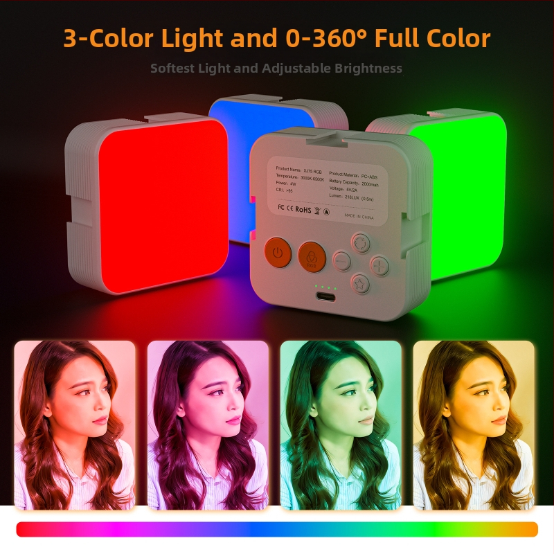 BOOYIIN XJ75 RGB Prenosné LED svetlo pre kameru — kompaktné, ručné, tri teploty farieb, 5V/1A, <10W; vhodné pre selfie, fotografovanie a živé vysielanie