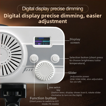 Vreckové svetlo na fotografovanie s vstavanou batériou — ručné ovládanie, nastaviteľná teplota farieb 2500K-9900K, výkon 51-100W, 220V