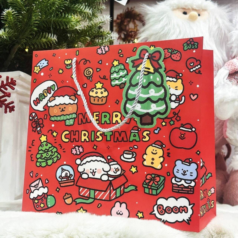 Sac de cadouri cu design Crăciun graffiti cu cățeluș, capacitate mare, carton, stil desen animat