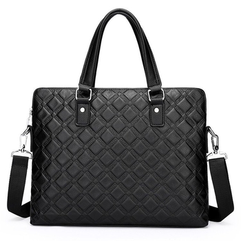 Geantă de mână pentru bărbați din piele naturală - model carouri (Formă orizontală pătrată; Închidere cu fermoar; Compatibil cu laptop de 14 inchi; Capacitate 20–35 L)