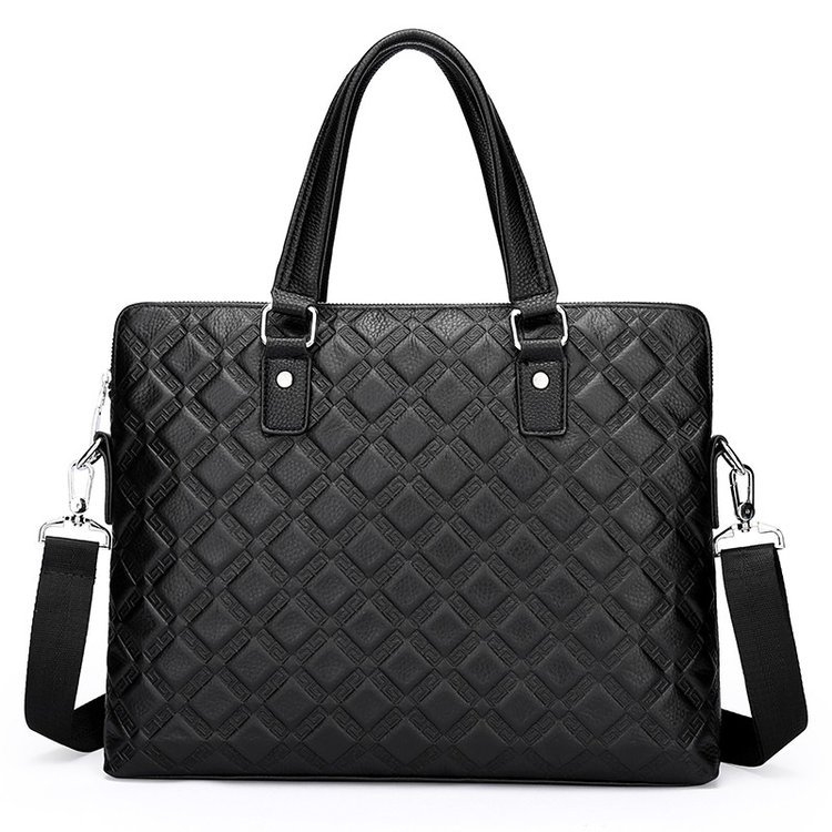 Geantă de mână pentru bărbați din piele naturală - model carouri (Formă orizontală pătrată; Închidere cu fermoar; Compatibil cu laptop de 14 inchi; Capacitate 20–35 L)