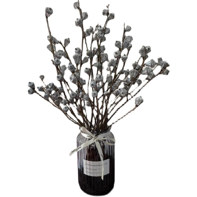 Džiavintos gėlės su eukalipto lapų puokšte, nedažytos, skirtos gėlių kompozicijoms, pakuotė Opp maišelyje