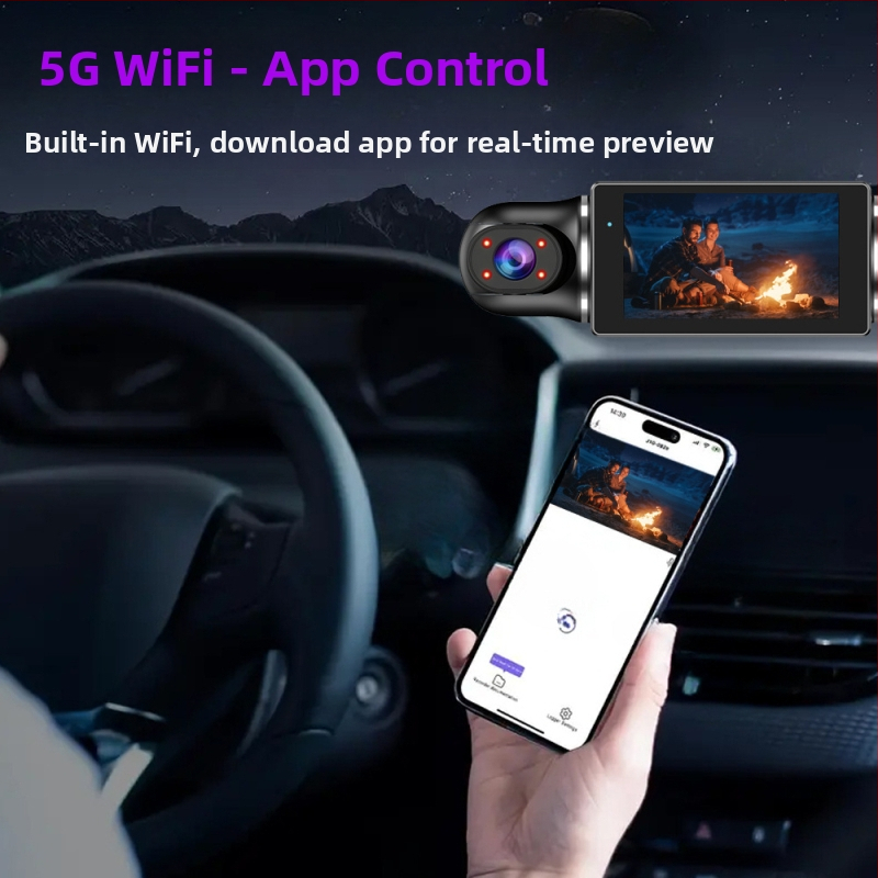 Palubná kamera do auta s 3,0-palcovým displejom, HD záznam, infračervené nočné videnie, Wi‑Fi prepojenie s telefónom, parkovací monitor, 360° rotácia