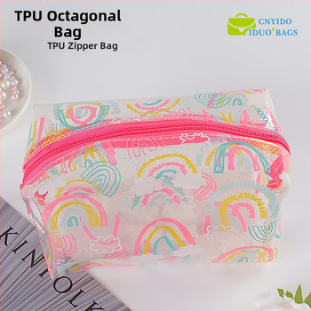 Priehľadná TPU kozmetická taška, hrubší peračník, tlačená osmiuholná taška so zipsom, šitý dizajn; Materiál: PVC EVA TPU; Dĺžka zipsu: 10–30 cm; Účel: kozmetické balenie