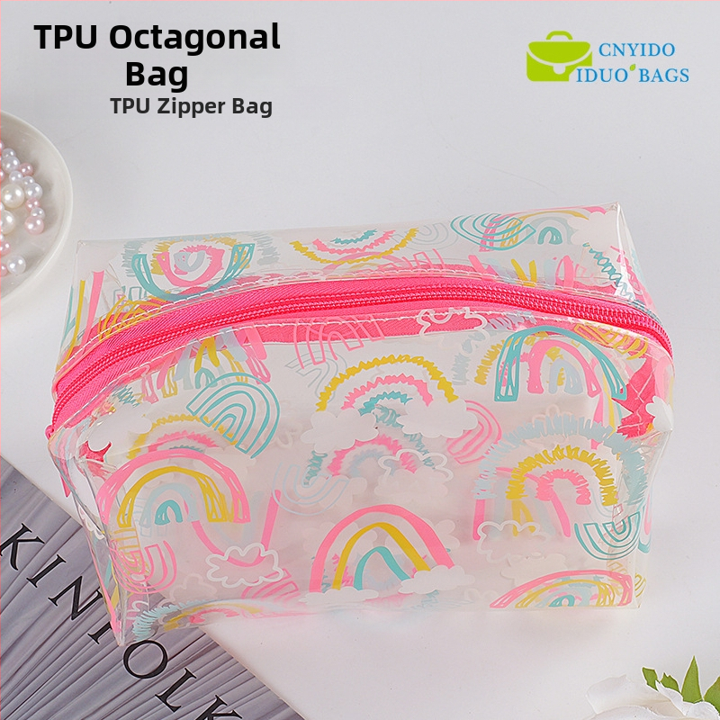 Priehľadná TPU kozmetická taška, hrubší peračník, tlačená osmiuholná taška so zipsom, šitý dizajn; Materiál: PVC EVA TPU; Dĺžka zipsu: 10–30 cm; Účel: kozmetické balenie