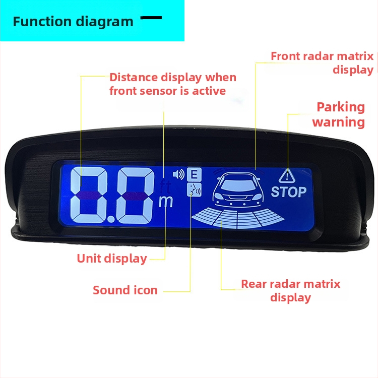 LCD atpakaļgaitas radars ar 4 sensoriem, detekcijas diapazons 0,3–2,5 m, 12V barošana