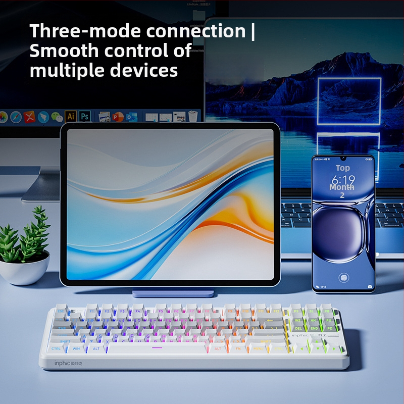 INPHIC K87 mechanikus billentyűzet – 87 billentyű, három módú csatlakozás: vezeték nélküli, Bluetooth és vezetékes, RGB háttérvilágítás, Mecha Axis típusú mechanikus kapcsolók (fekete-arany), ABS burkolat, oldalsó gravírozás