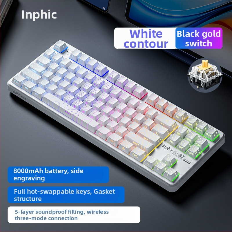 INPHIC K87 mechanikus billentyűzet – 87 billentyű, három módú csatlakozás: vezeték nélküli, Bluetooth és vezetékes, RGB háttérvilágítás, Mecha Axis típusú mechanikus kapcsolók (fekete-arany), ABS burkolat, oldalsó gravírozás