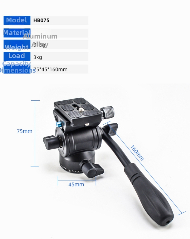 Trei-pod pan-tilt hidraulic mini pentru cameră SLR, aliaj de aluminiu, rotație orizontală 360°, rotație verticală 90°, limită de rotație 360°, greutate 0,315 kg