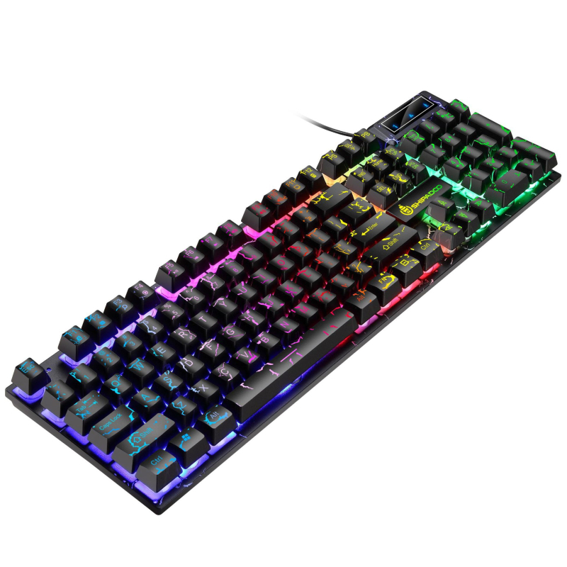 Set tastatură‑mouse cu taste luminoase plutitoare crăpate, 104 taste, cablu, model D500, rezistent la apă, iluminare multicoloră