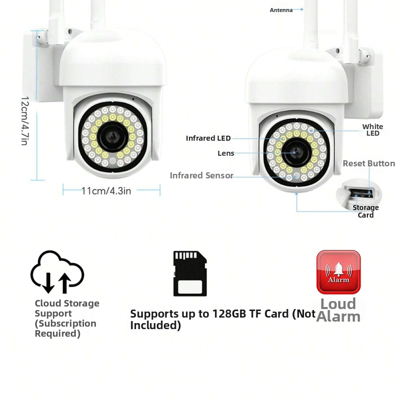 PTZ ārējā kamera ar 360° horizontālo griezienu, 90° vertikālo noliekumu, rotācijas ierobežojums 355°, 5V DC barošana, ABS korpuss