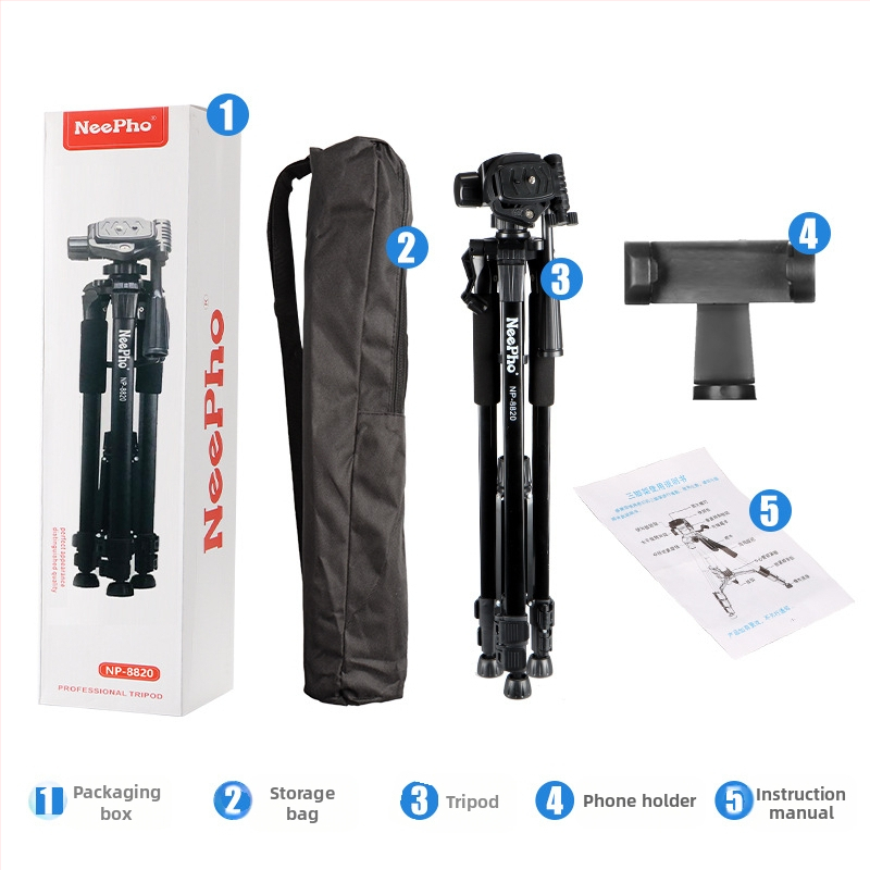 Tripod pre DSLR a smartfón s 3D PTZ gimbalom, hliníková zliatina + ABS, nosnosť 5–10 kg, model 8820, podlahový selfie stojan