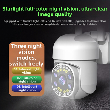 Cameră PTZ WiFi pentru interior/exterior, iluminare minimă 0.02 lx, interval de temperatură -20°C până la 55°C, alimentare 12V, funcție de alarmă suportată