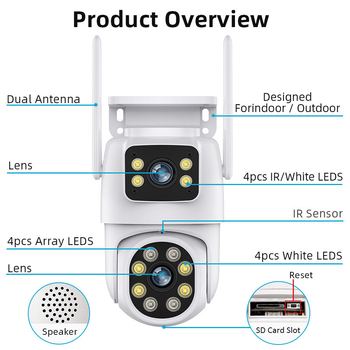 Κάμερα επιτήρησης PTZ WiFi με διπλό φακό για εσωτερική και εξωτερική χρήση – Υψηλής ευκρίνειας, 0.001 lx χαμηλό φωτισμό, SNR >44 dB, 12V τροφοδοσία, αντίθεση οπισθοφωτισμού (BLC), λειτουργία συναγερμού