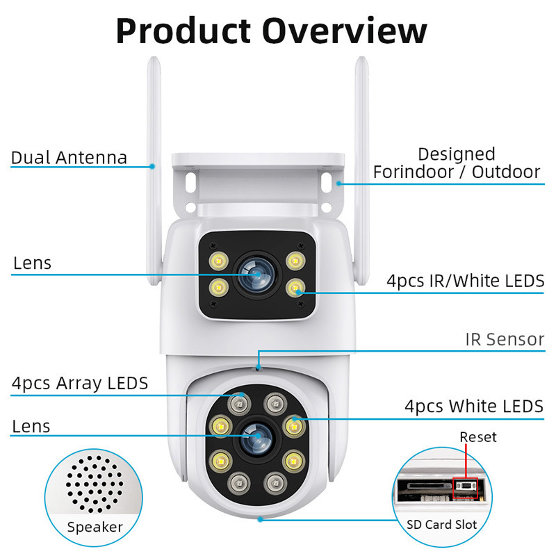 Κάμερα επιτήρησης PTZ WiFi με διπλό φακό για εσωτερική και εξωτερική χρήση – Υψηλής ευκρίνειας, 0.001 lx χαμηλό φωτισμό, SNR >44 dB, 12V τροφοδοσία, αντίθεση οπισθοφωτισμού (BLC), λειτουργία συναγερμού