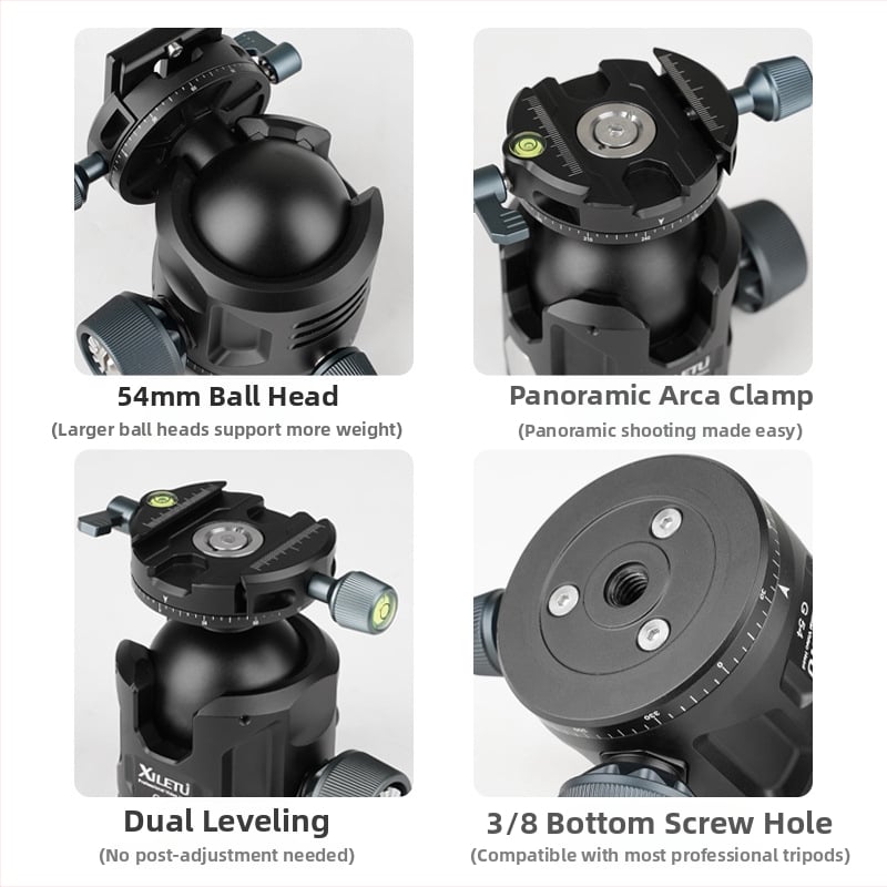 DSLR tripod nagy gömbfejjel és mikro gömbfejjel, alacsony súlypont, alumíniumötvözet, 360° Pan/Tilt