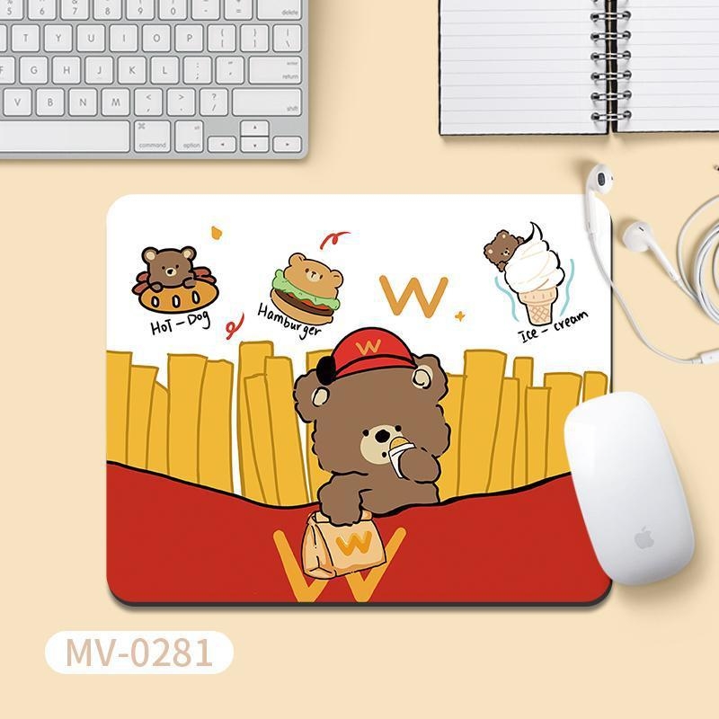 Covoraș de masă pentru birou cu design ursuleț și cartofi prăjiți, cauciuc natural, anti-derapant, imprimare prin transfer termic, pe o singură parte