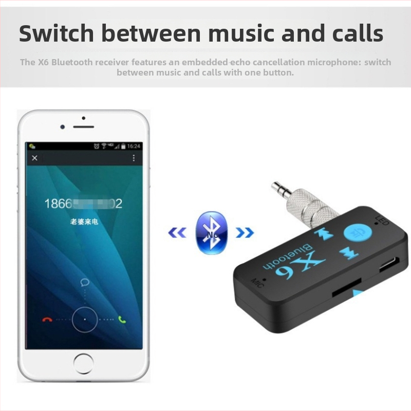 X6 автомобилен Bluetooth hands-free приемник с изход за звук 3,5 мм и слот за TF карта, Bluetooth 5.0, вход 5V, обхват 10 м