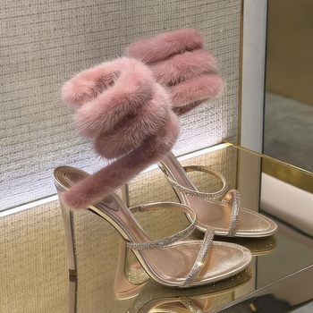 Стилетни сандали със зайче козина и змийски кристални украски за сватба и булчински обувки, горна част от коприна, вътрешна и подметка от естествена кожа, висок ток над 8 см, заострен ток