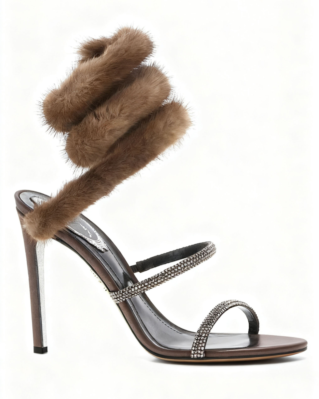 Стилетни сандали със зайче козина и змийски кристални украски за сватба и булчински обувки, горна част от коприна, вътрешна и подметка от естествена кожа, висок ток над 8 см, заострен ток