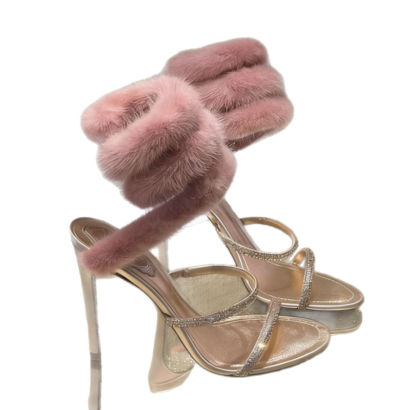 Стилетни сандали със зайче козина и змийски кристални украски за сватба и булчински обувки, горна част от коприна, вътрешна и подметка от естествена кожа, висок ток над 8 см, заострен ток