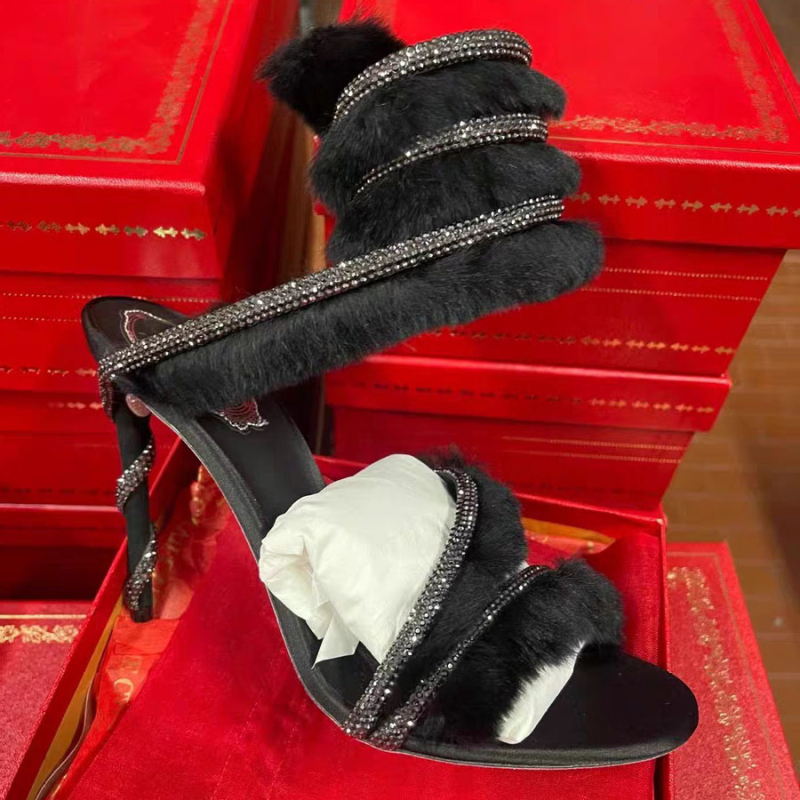 Стилетни сандали със зайче козина и змийски кристални украски за сватба и булчински обувки, горна част от коприна, вътрешна и подметка от естествена кожа, висок ток над 8 см, заострен ток