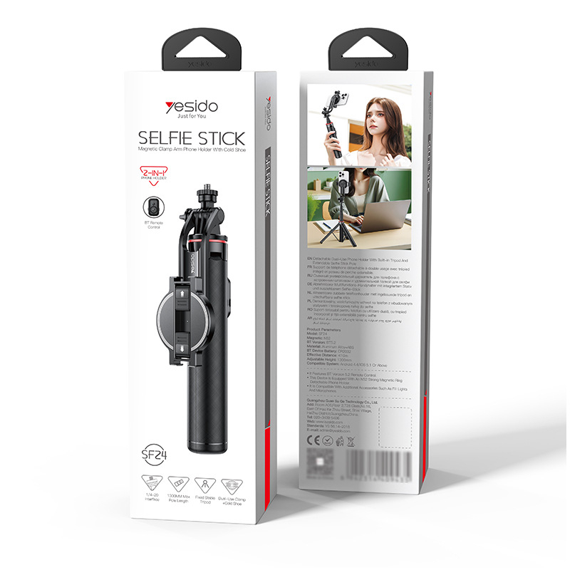 Yesido selfie magnetic pentru telefon cu trepied din aliaj de aluminiu, telecomandă Bluetooth, stabilizare a imaginii, material ABS + aliaj de aluminiu + magnet N52