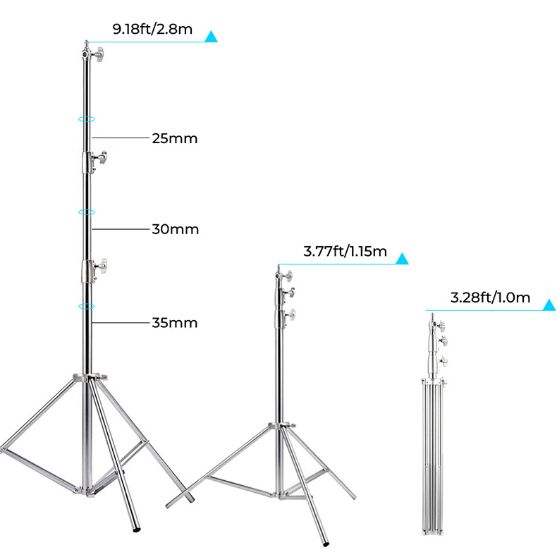 Stojak za fotografijski background od nehrđajućeg čelika, 3-sekcijski teleskopski, podesiva visina 100–280 cm, nosivost 8 kg.