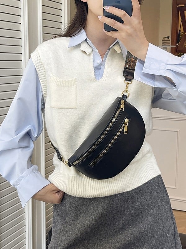 Geantă de talie din PU pentru naveta de afaceri, toamnă 2025, cu fermoar, căptușeală poliester, buzunar interior laminat