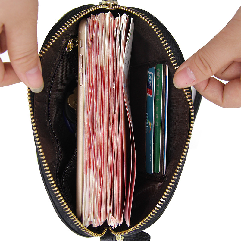 Portofel lung pentru femei din piele naturală, husă tip scoică, închidere cu fermoar, căptușeală poliester, piele din primul strat