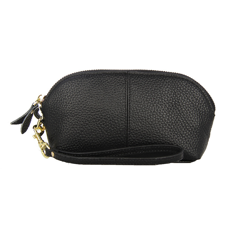 Portofel lung pentru femei din piele naturală, husă tip scoică, închidere cu fermoar, căptușeală poliester, piele din primul strat