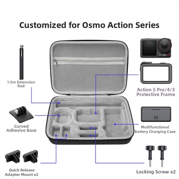 Taška na skladovanie pre DJI Action 5 Pro/4/3 — EVA+kanvas/PU materiál; kompatibilné modely: Action 5 Pro/4/3; kód produktu Xjb-033; hmotnosť 360–430 g; obsah balenia: skladovacia taška a ramenný remienok