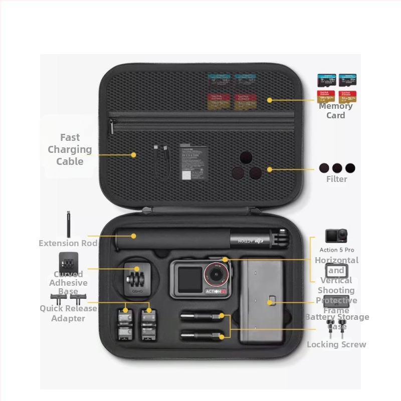 Taška na skladovanie pre DJI Action 5 Pro/4/3 — EVA+kanvas/PU materiál; kompatibilné modely: Action 5 Pro/4/3; kód produktu Xjb-033; hmotnosť 360–430 g; obsah balenia: skladovacia taška a ramenný remienok