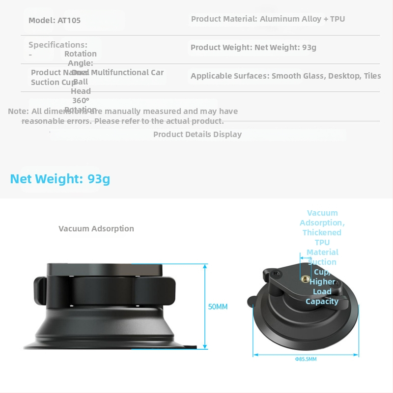 Suport auto pentru telefon cu ventuză – universal, construcție ABS+PC și aliaj de aluminiu, stabilizator pentru camera de acțiune