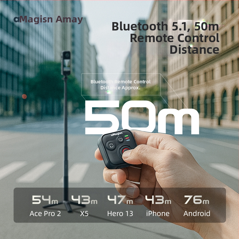 Telecomandă Bluetooth pentru Lnsta360/GoPro/Android și iOS — mini, ABS + gel de silice, compatibil cu Lnsta360/GoPro, cablu de încărcare și curele pentru încheietură incluse