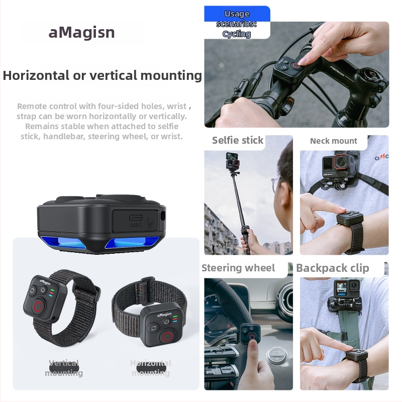 Telecomandă Bluetooth pentru Lnsta360/GoPro/Android și iOS — mini, ABS + gel de silice, compatibil cu Lnsta360/GoPro, cablu de încărcare și curele pentru încheietură incluse